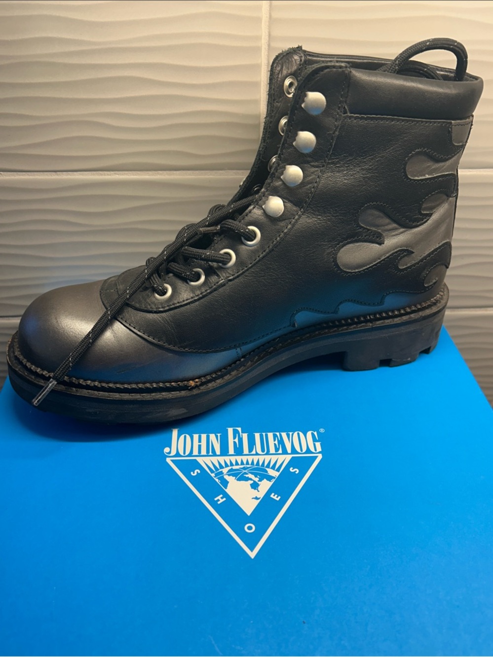 John Fluevog Black Leather Lace-Up Boot with Flame Appliqué